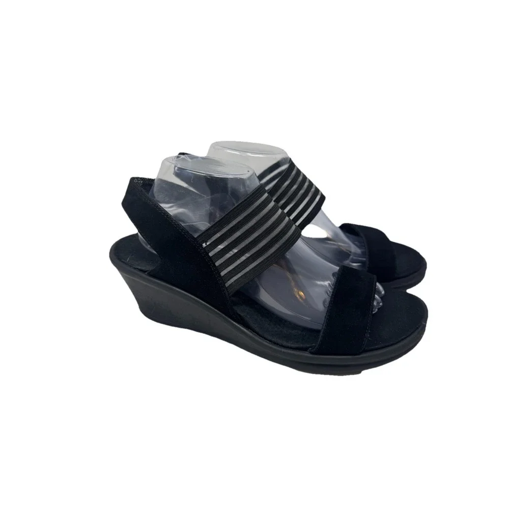 🔥Skechers 🖤Black Wedge Sandals Rumblers Strappy Lace Slip On Memory‎ Foam 11